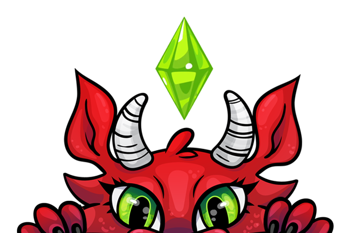 A cartoon rendered red dragon with green eyes & white horns, peeks up from the bottom edge of the image. Only the eyes up are visible.