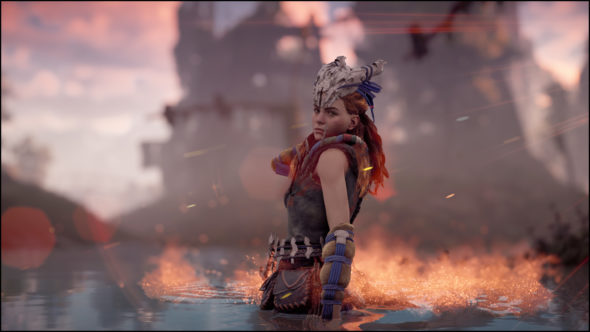 Screenshot of Horizon Zero Dawn. Aloy looks over her shoulder toward the camera, while standing submerged to her waist in a river. The sunset is reflected off the water 