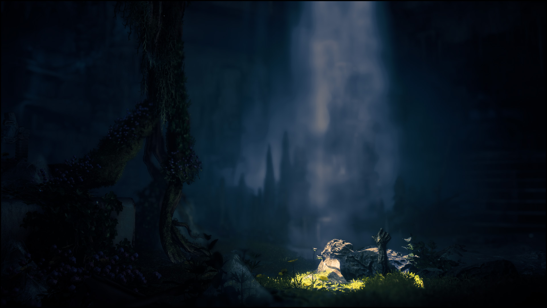 Screenshot of Horizon Zero Dawn. A mummified corpse lies on a bed of soft grassy groundcover, & is lit from a break in the cave ceiling.