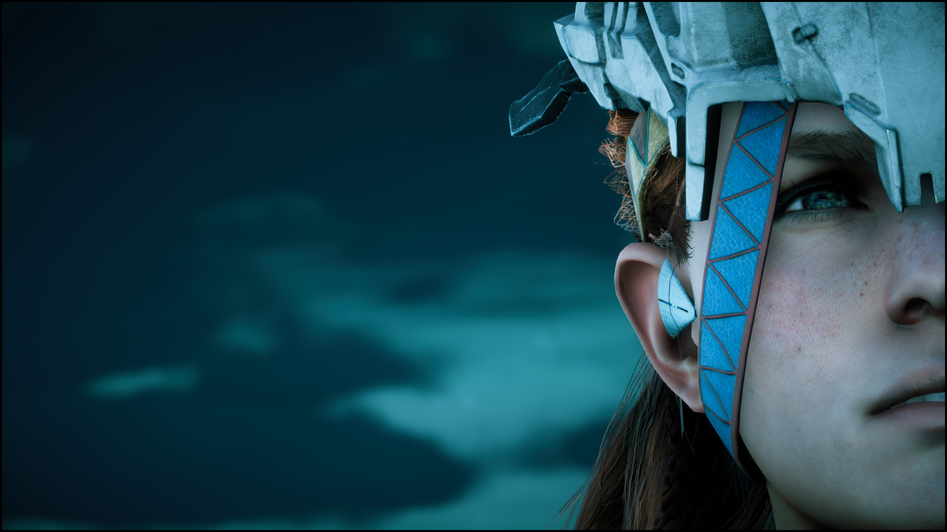 Screenshot of Horizon Zero Dawn. An extreme close up of Aloy's face where only half is visible. A blue tinted night sky is behind her.