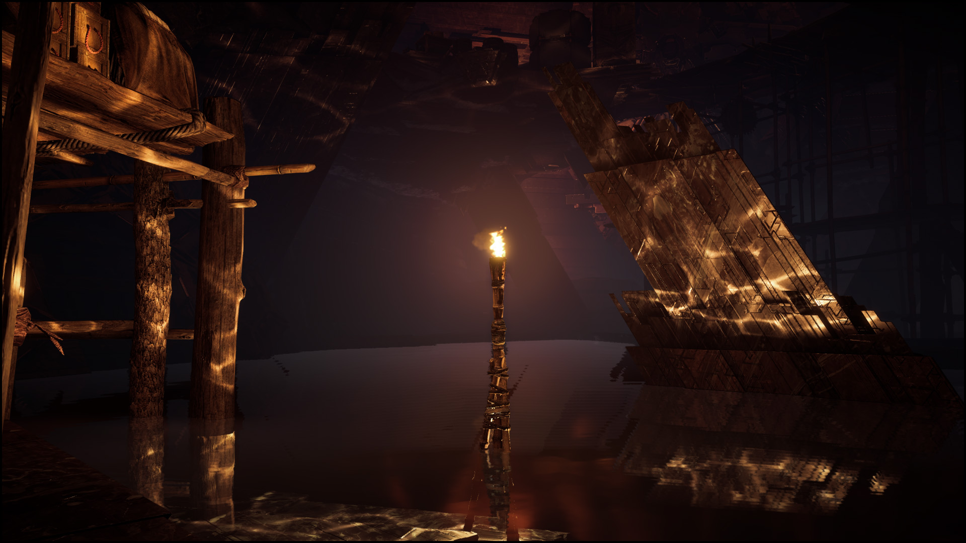 Screenshot of Horizon Zero Dawn. A flame burns on a stick that is braced in the centre of an underground river.